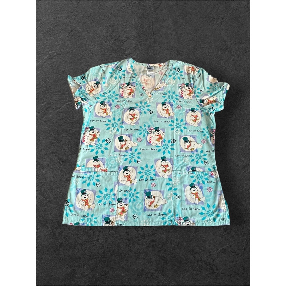 Frosty the Snowman Scrub Top Womens Medium Turquoise Let it Snow V-Neck EUC